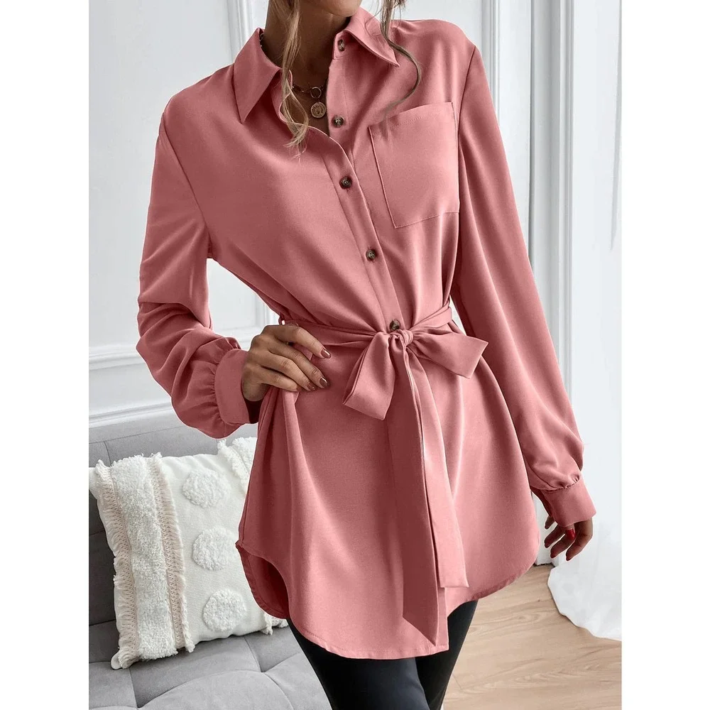 long sleeve Button down Belted tunic length Shirt black - Picture 8 of 11